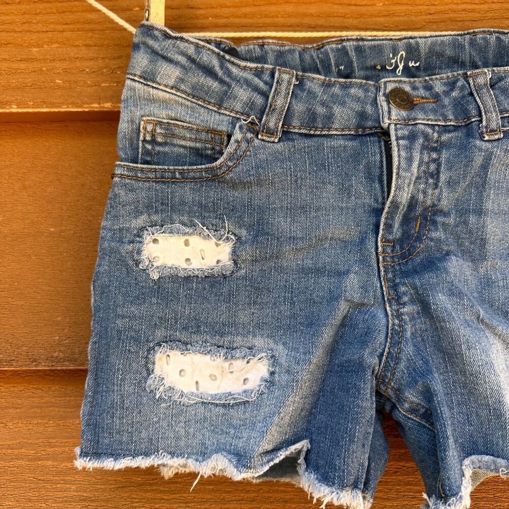 Cat & Jack Girls Distressed Denim Shorts L 10/12 Blue Lace Patch Details Frayed - Picture 6 of 9